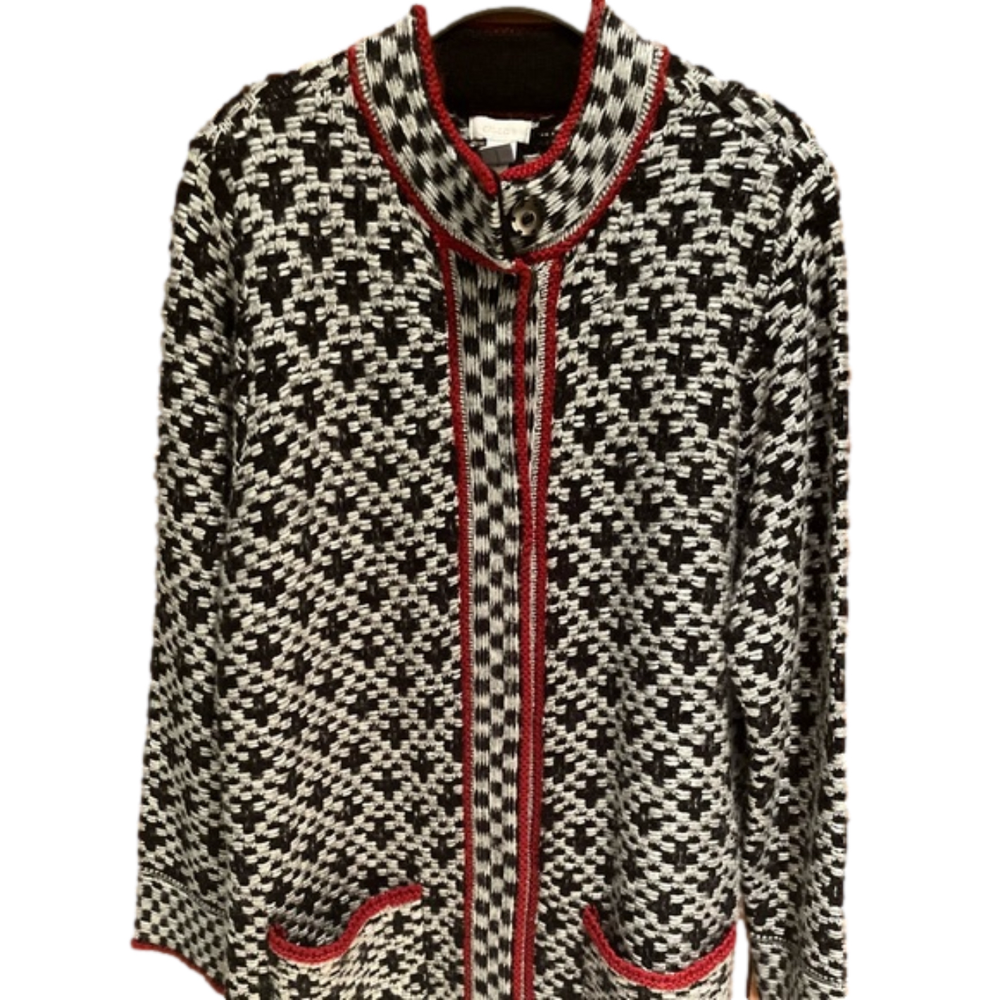 Chico's Black, White & Red Patterned Sweater jacket Size 3/XL